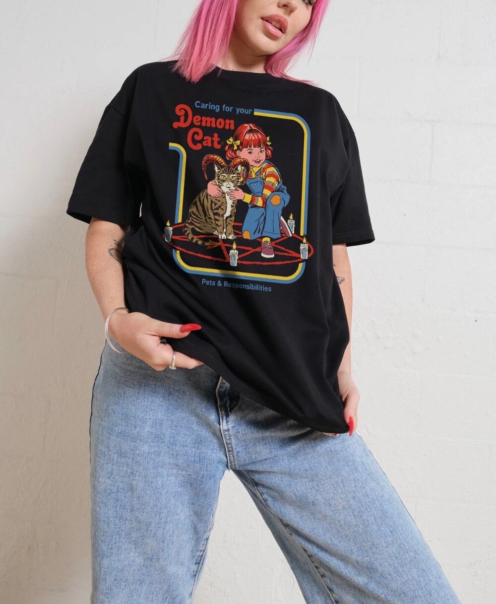 Stephen Rhodes Caring for Your Demon Cat Graphic T-Shirt Black Horror Tee Small